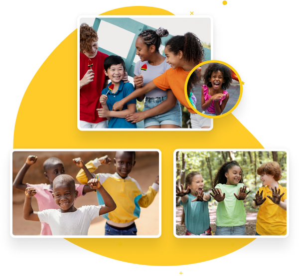 A grid image of four children holding water melon popsicles, three children streching their hands forward and smiling at each other, and three children raising their hands with clenched fists.