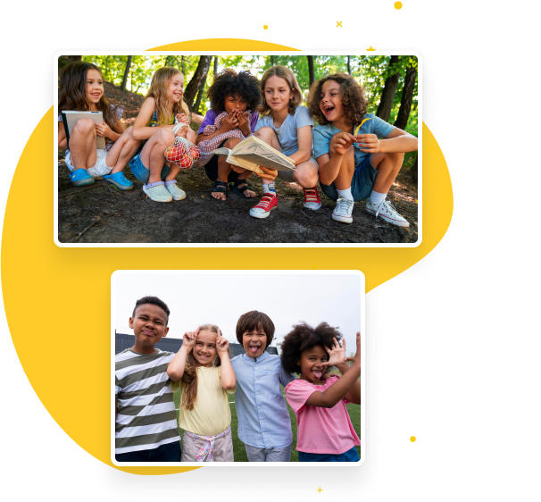 A grid image of five children squatting and smiling and another image of four children smiling at the camera and making funny faces