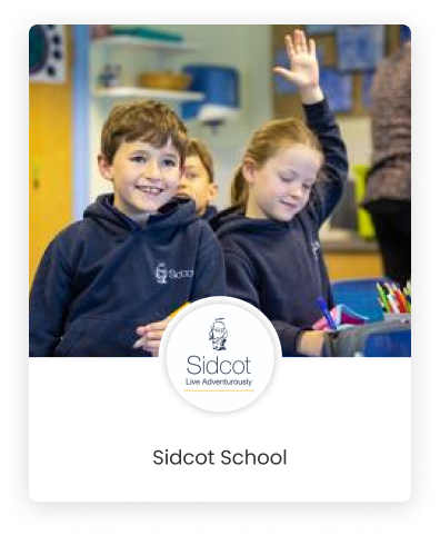 A graphics design of Sidcot School's logo with a female studemt raising her hand and writing, while a boy is sitting beside her and smiling in the background
