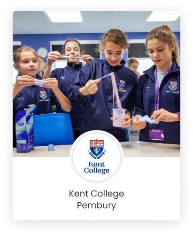 A graphics design of Kent College's logo with fouur female students in the middle of a project in the background