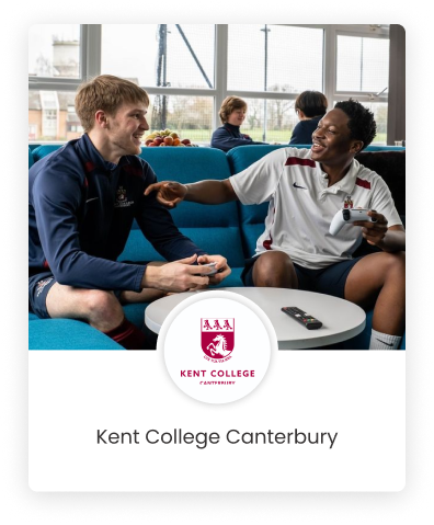 A graphics design of Kent College Canterbury's logo with two male students sitting and talking in the background