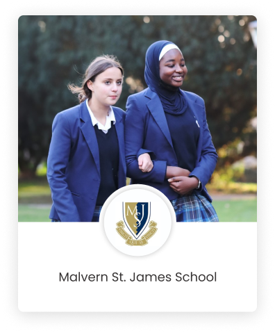 A graphics design of Malvern St James School's logo with two female students walking and their arms locked together in the background