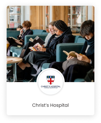 A graphics design of Christ's Hospital logo with students sitting and reading in the background