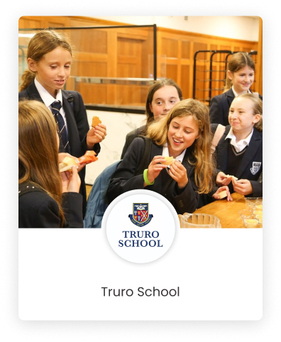 A graphics design of Truro School's logo with students talking in the background
