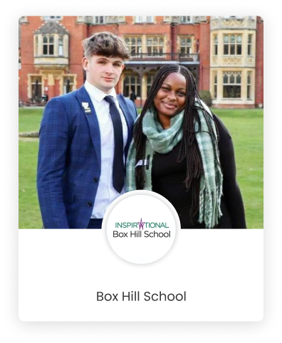 A graphics design of Box Hill School with a picture of a white male student standing with a black female in the background