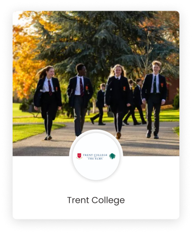 A graphics design of Trent College's logo with students walking in the background