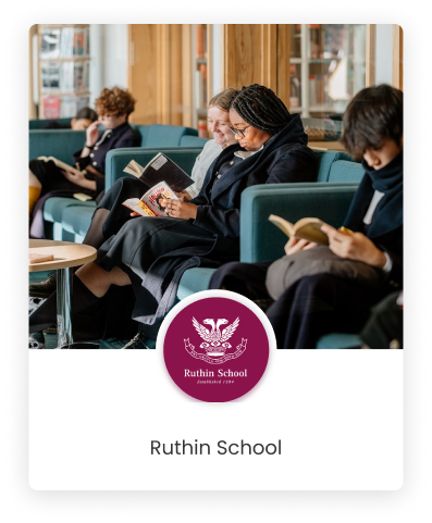 A graphics design of Ruthin School's logo with students sitting and reading in the background