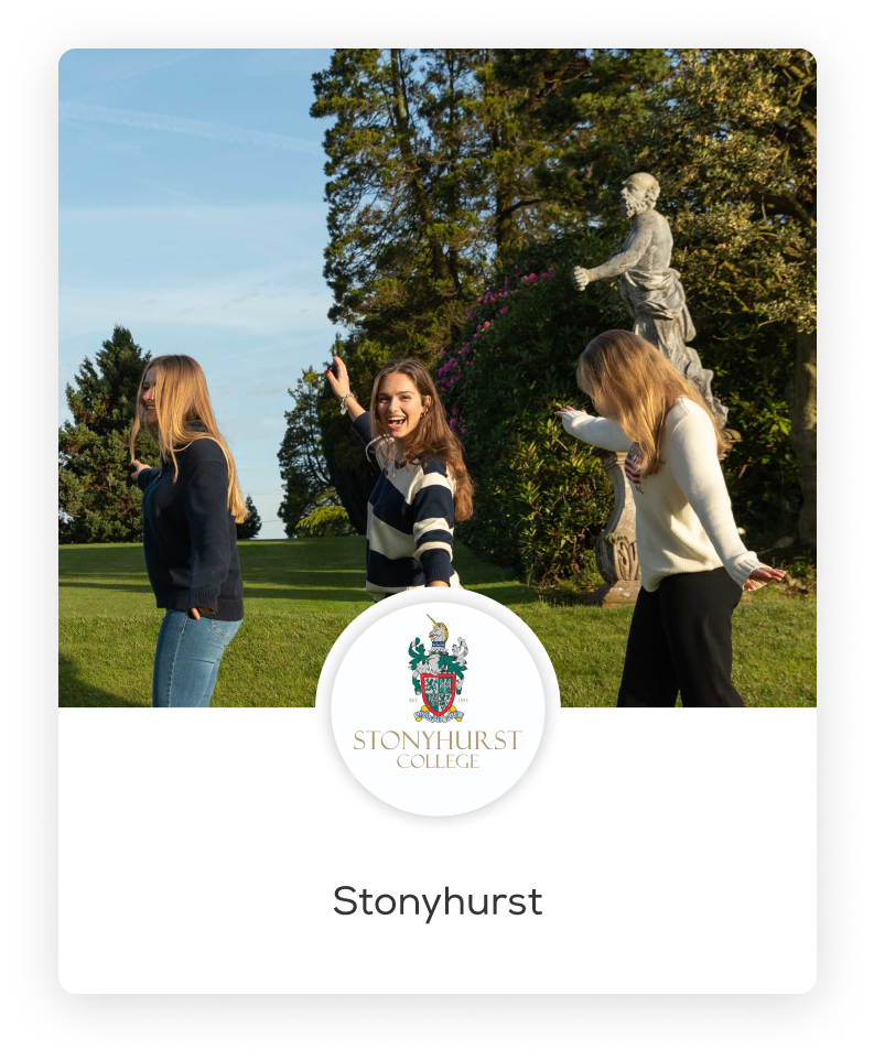 A graphics design of Stonyhurst School's logo with three students jumping and laughing together in the background
