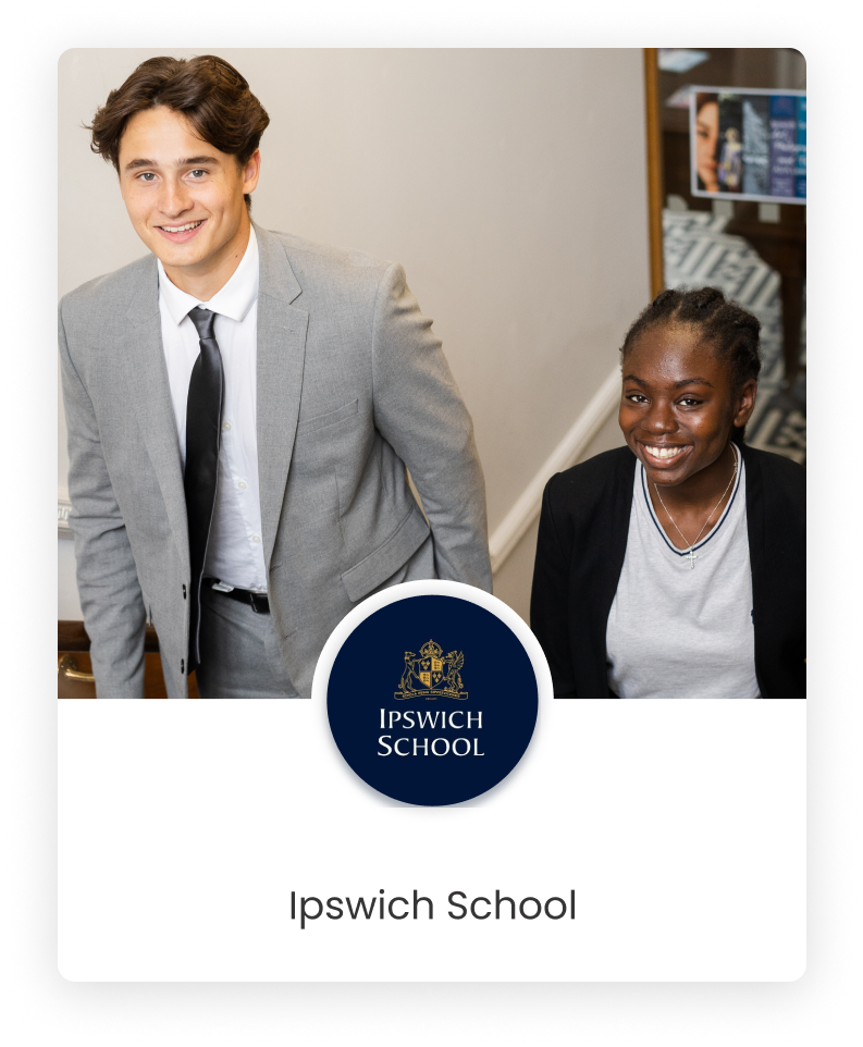 A graphics design of Ipswich School's logo with a white male student and a black female student smiling in the background