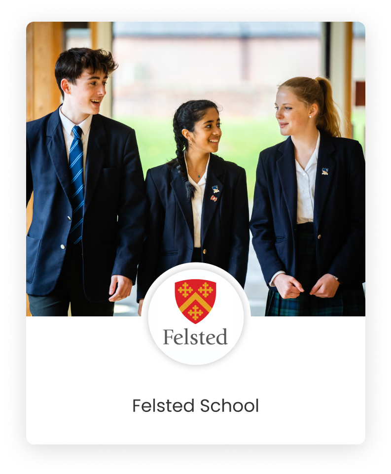 A graphics design of Felsted School's logo with three students stnding and smiling at each other in the background