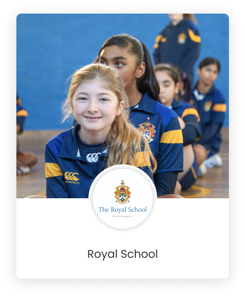 A graphics design of Royal School's logo with students sitting in a line in the background