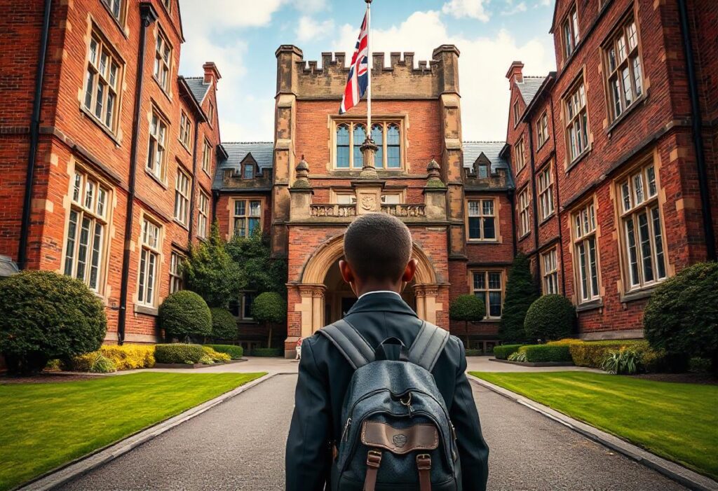A male student standing in front of a large building