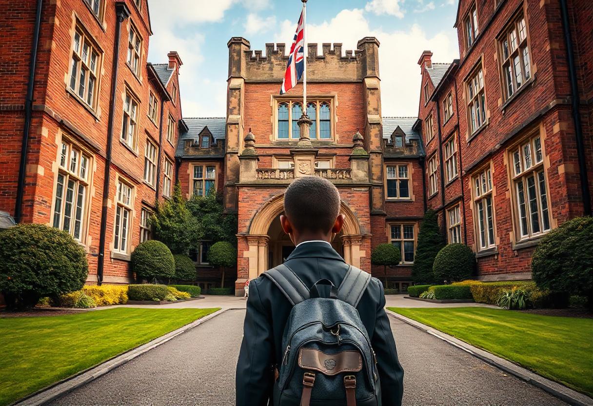 A male student standing in front of a large building