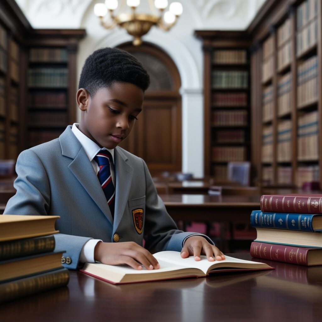 A boy studying in a grand library, embodying the study routine tips for African students in UK boarding schools to achieve academic success and exam distinctions.